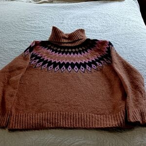 Aspen Fair Isle Turtleneck sweater, size M. Tan with pink and black print